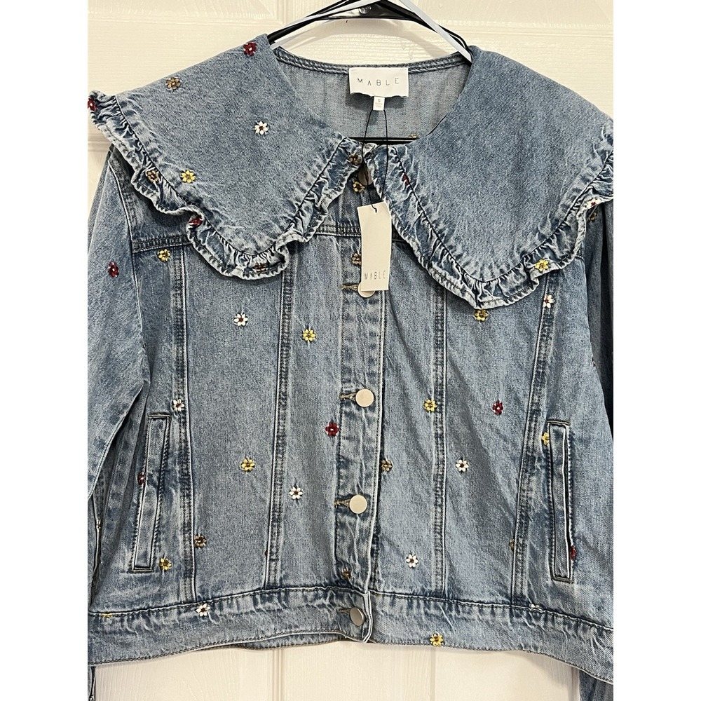Cottagecore Denim Jacket Floral Embroidered Peter Pan Collar Coquette Fairycore - Picture 7 of 16